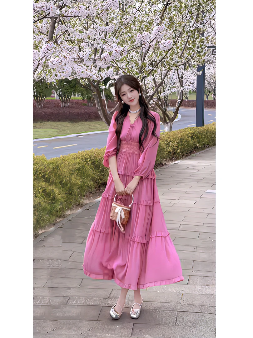 【芍药】 高级感春秋季时尚气质收腰显瘦御姐风踏青大摆长袖连衣裙