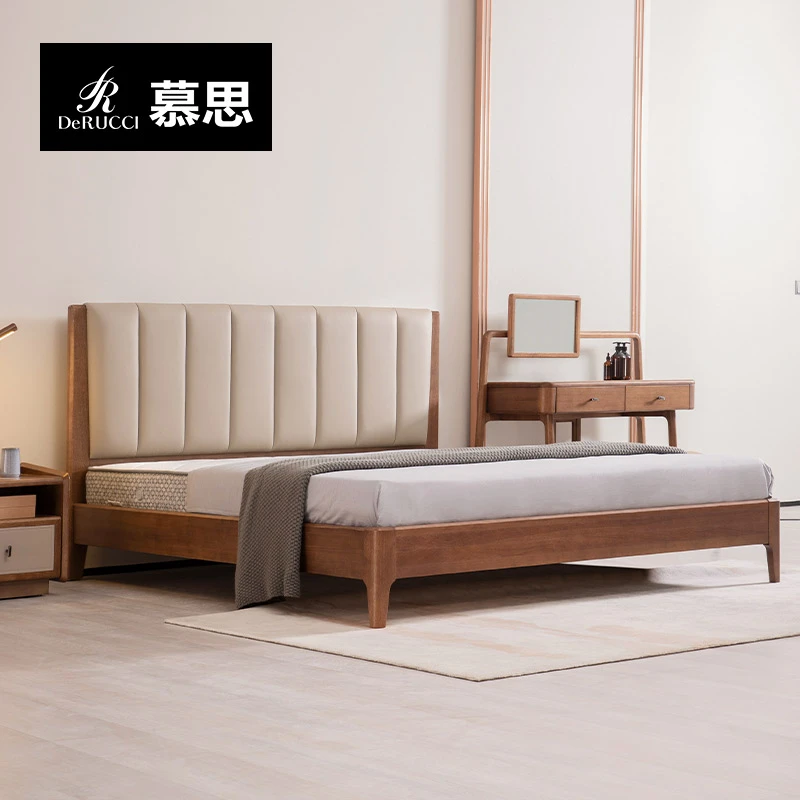 DE RUCCI/慕思金丝檀木床现代简约双人大床头层牛皮靠包实木床112