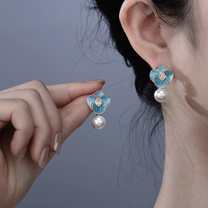 合金耳饰 蓝色山茶花耳钉百搭复古法式耳饰小众清新优雅耳环女