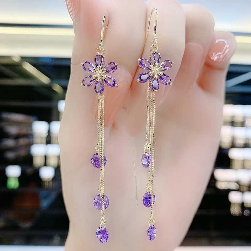 锌合金合成锆石耳饰 51号-紫色水晶花朵耳线耳环时尚百搭简约超仙