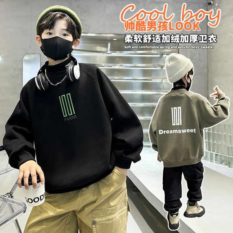 秋冬季男孩字母印花加绒加厚时尚卫衣半高领洋气休闲韩版保暖上衣