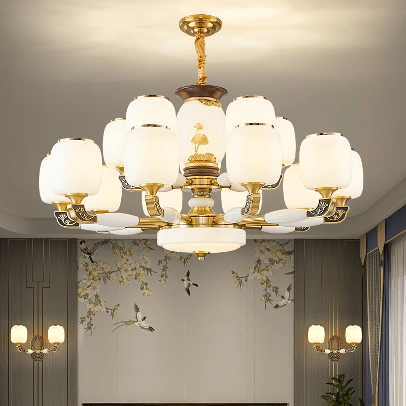 2025年新款全铜玉石新中式客厅吊灯银杏别墅自建房吊灯中山灯具