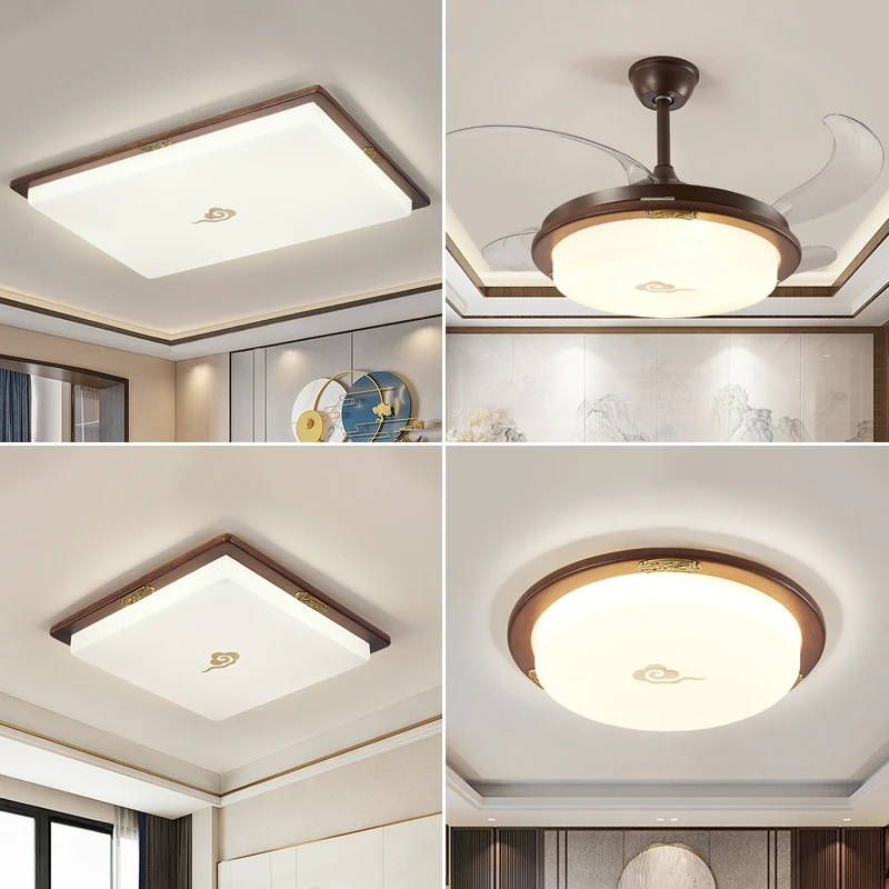 全铜胡桃木新中式客厅吸顶灯餐厅茶室卧室吸顶灯隐形风扇灯吊灯