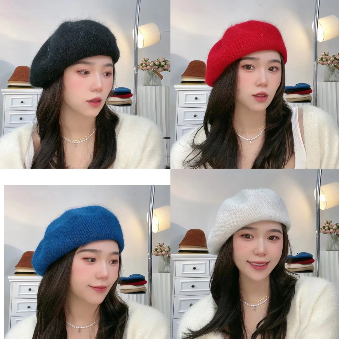 【鑫鑫】秋冬新款贝雷帽子女亮片百搭时尚针织显脸小八角帽韩版