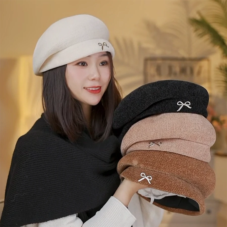 2024秋冬季新款贝雷帽复古褶皱金属小标画家帽韩版时尚百搭八角帽