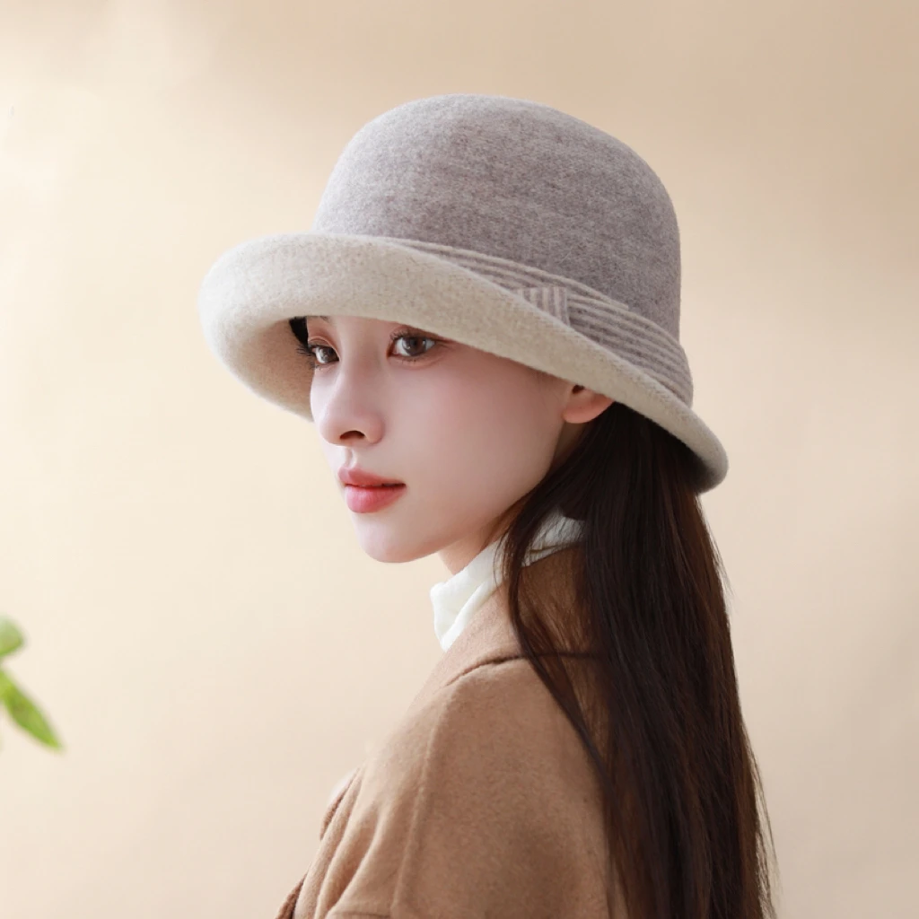 日系优雅卷边盆帽女秋冬新款复古百搭羊毛渔夫帽百搭时尚保暖礼帽