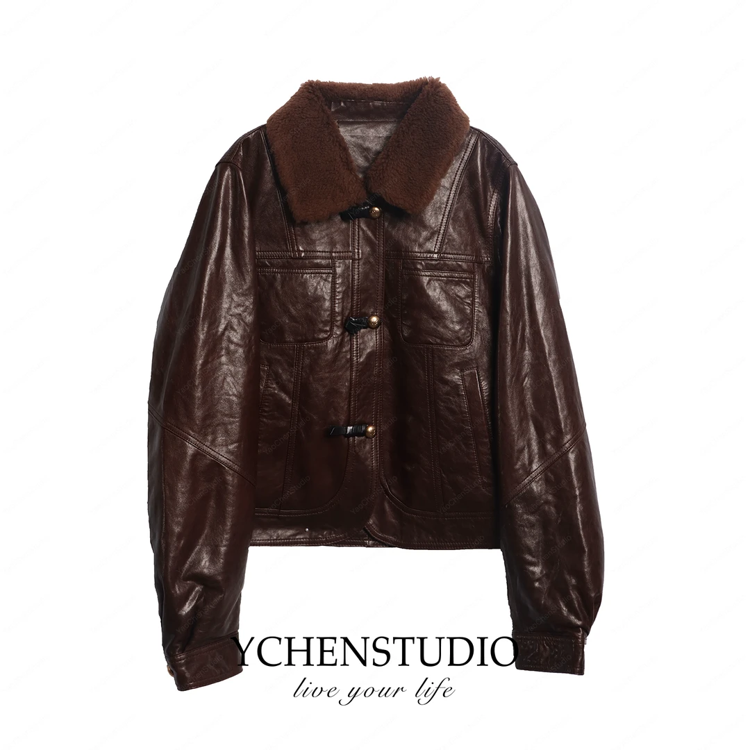 YC【棕榈树】冬季新款高端带毛领绵羊皮时尚加厚鹅绒皮衣羽绒服