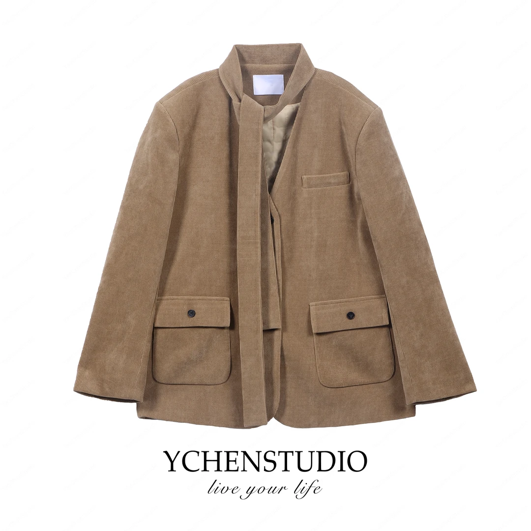 YC【烛光】韩版时尚气质宽松V领灯芯绒西装夹棉外套X1300