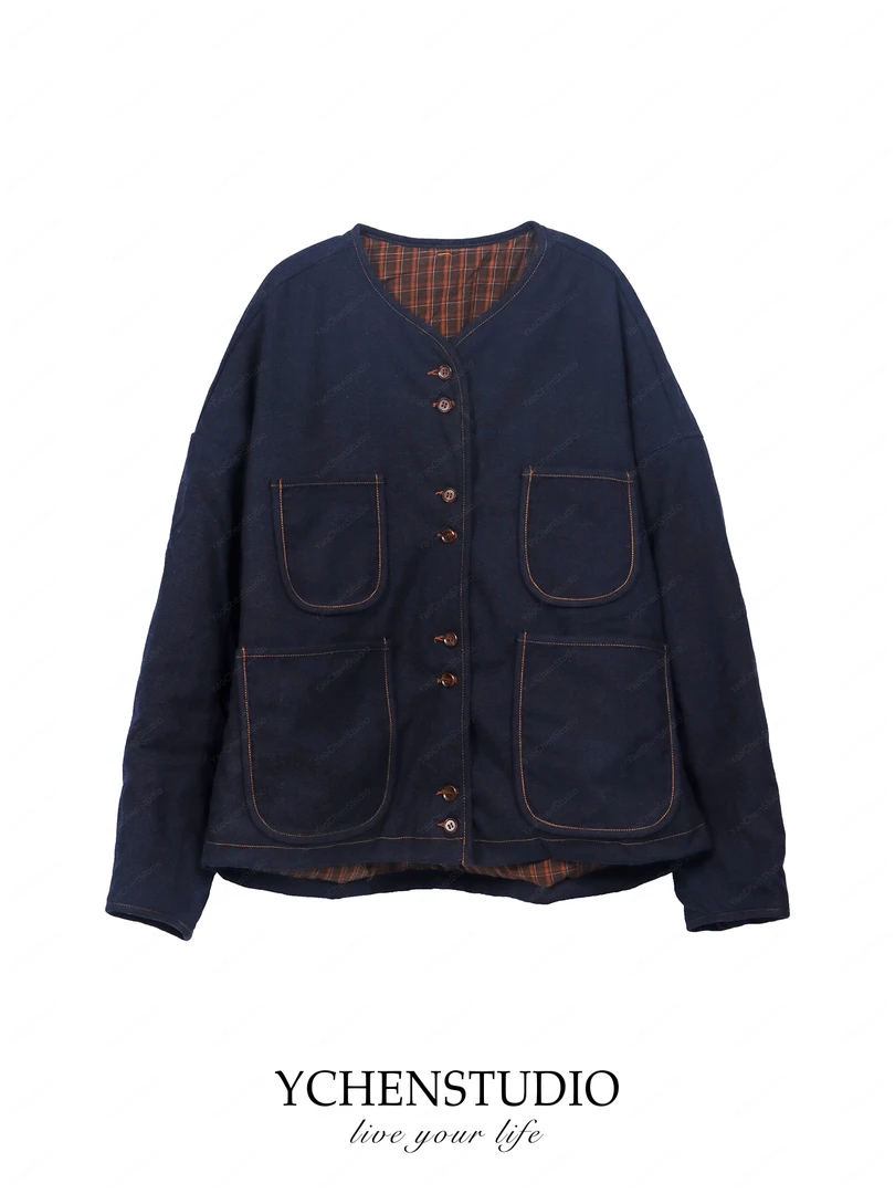 YC【幻想时间】冬季新款宽松加厚仿牛仔无领复古气质棉服外套