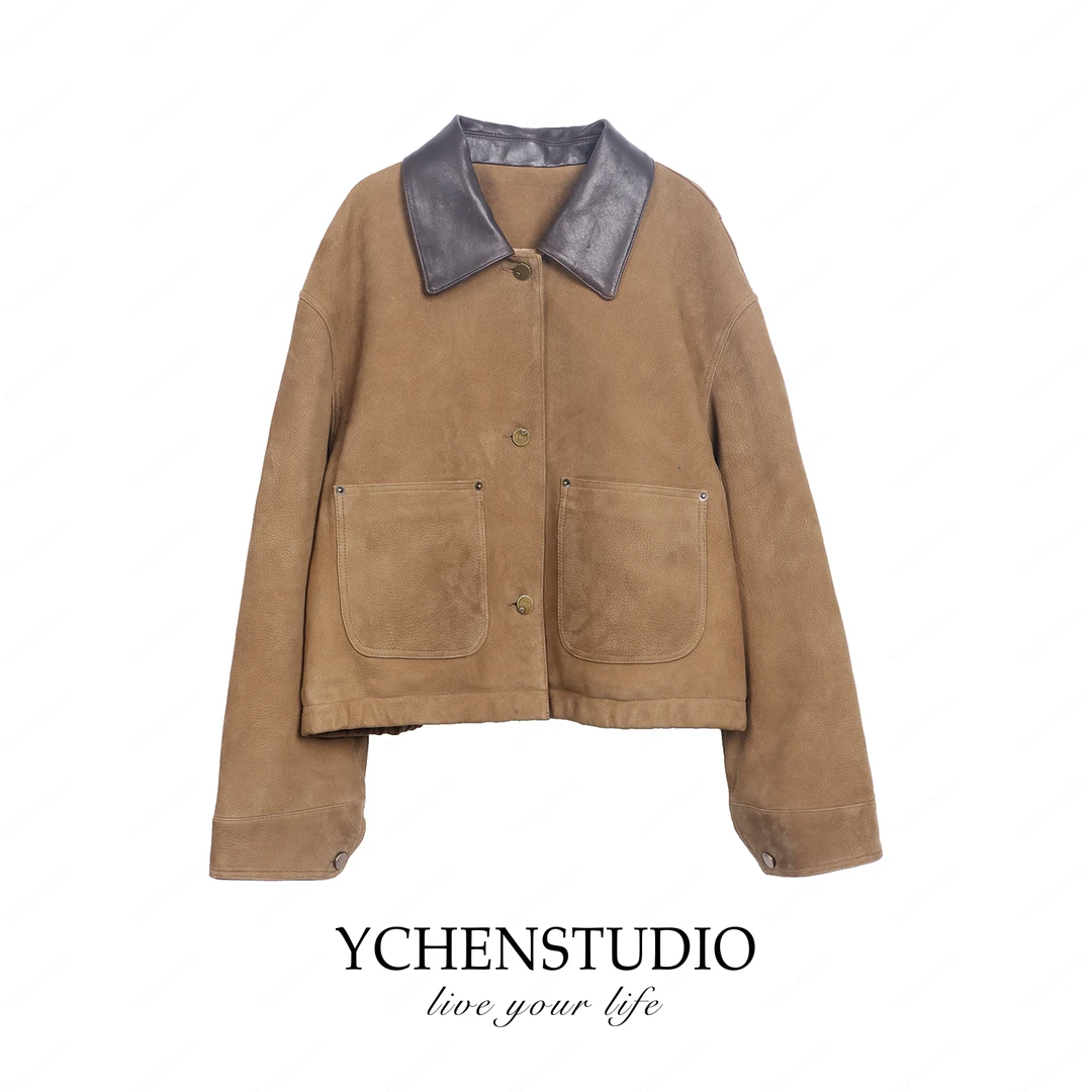 YC【轻奢】秋冬新款进口羊皮撞色拼接POLO领真皮皮衣短款羽绒外套