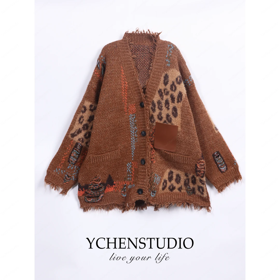 YC【秋季草原】秋冬新款拼接豹纹宽松显瘦加厚开衫BW359