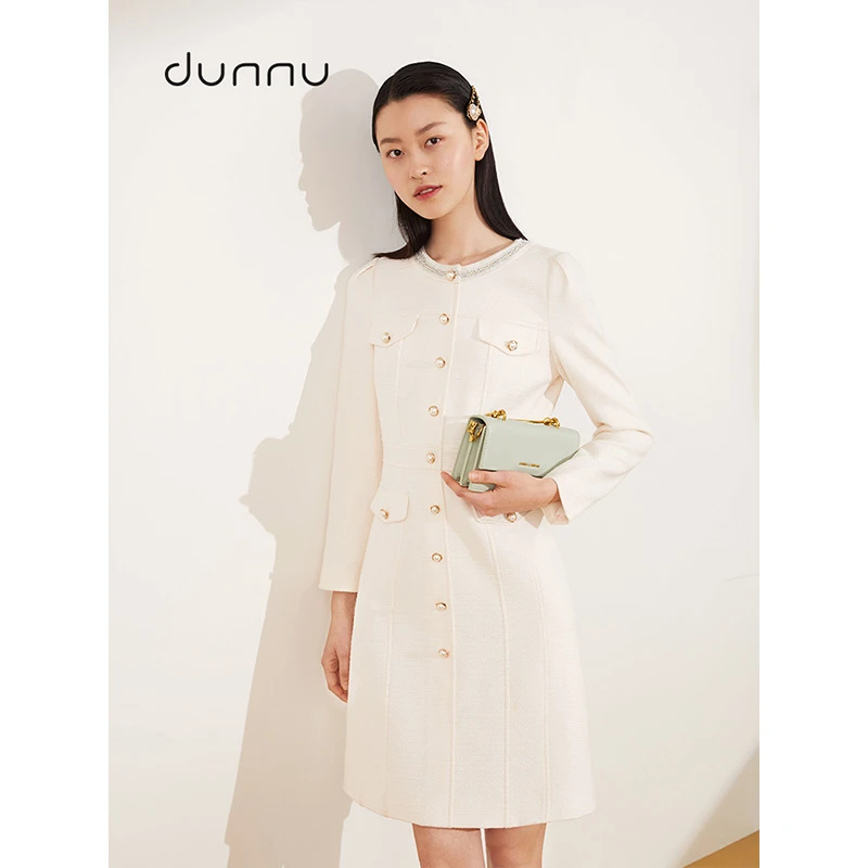 dunnu敦奴秋气质法式优雅小香风珠绣圆领修身高腰连衣裙DQ150121