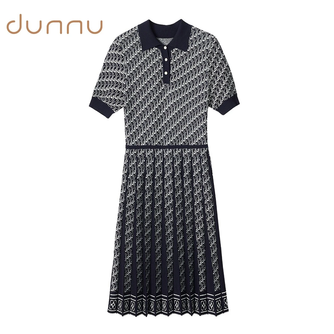 dunnu敦奴春季商场同款翻领提花显瘦针织连衣裙