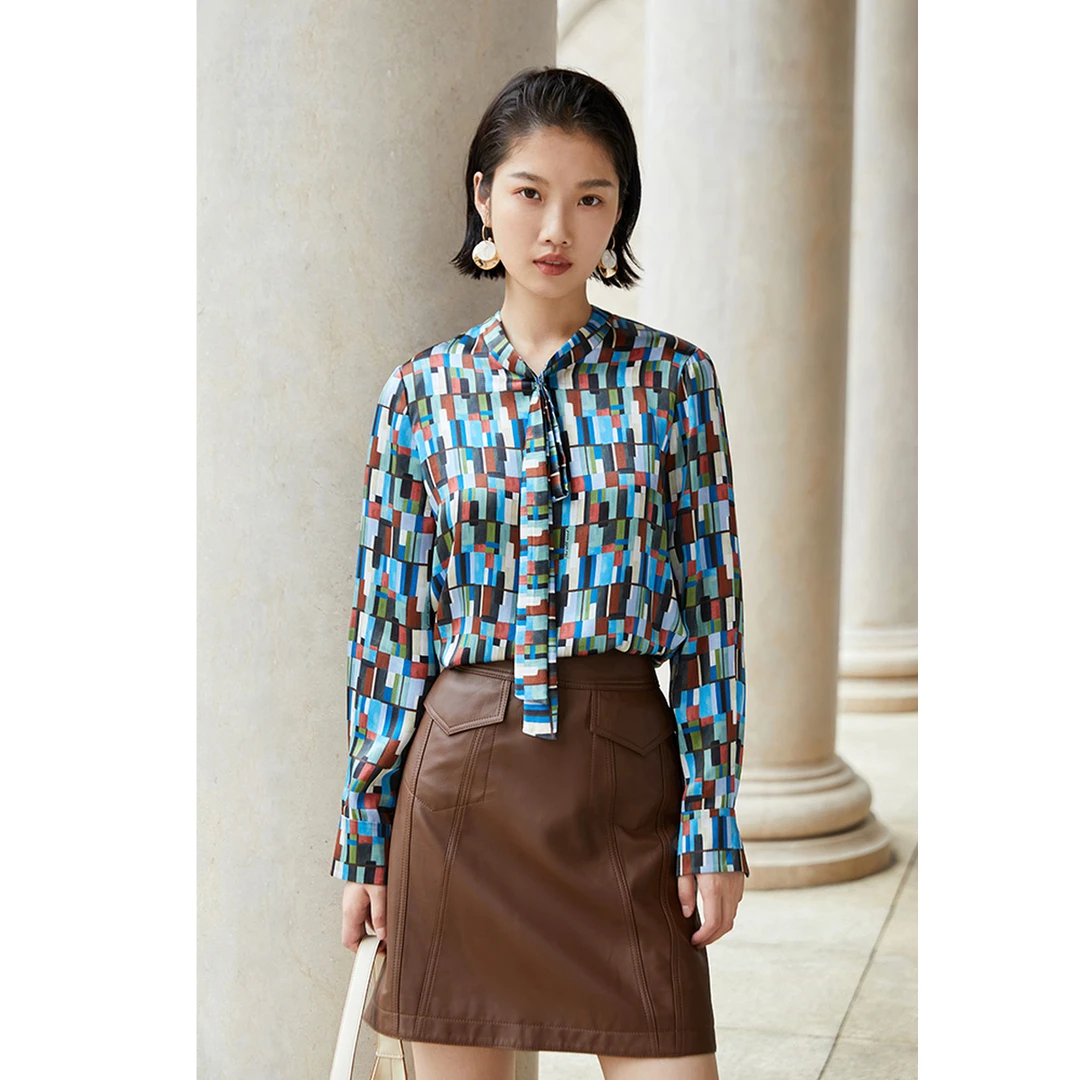 dunnu敦奴秋季商场同款复古印花桑蚕丝真丝衬衫DR332110