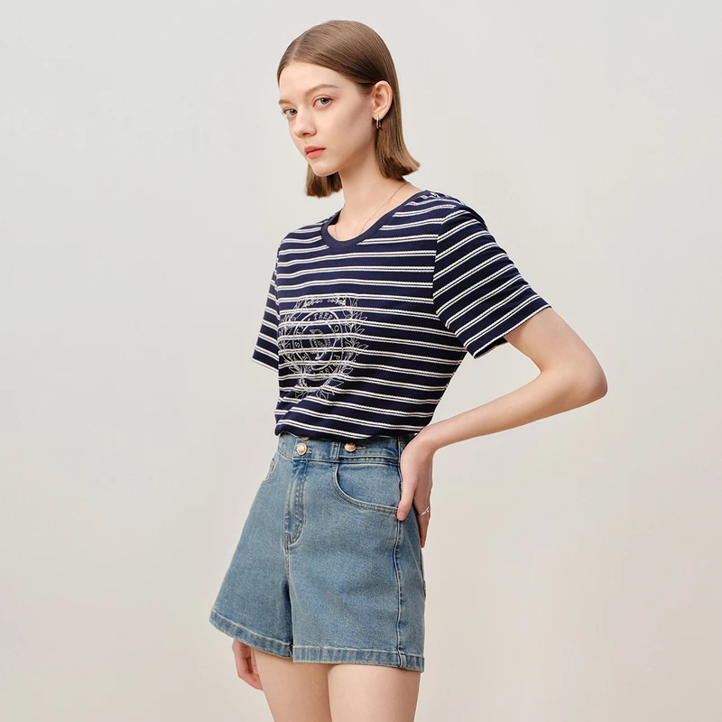 敦奴dunnu时尚条纹百搭款圆领短袖T恤FT230916