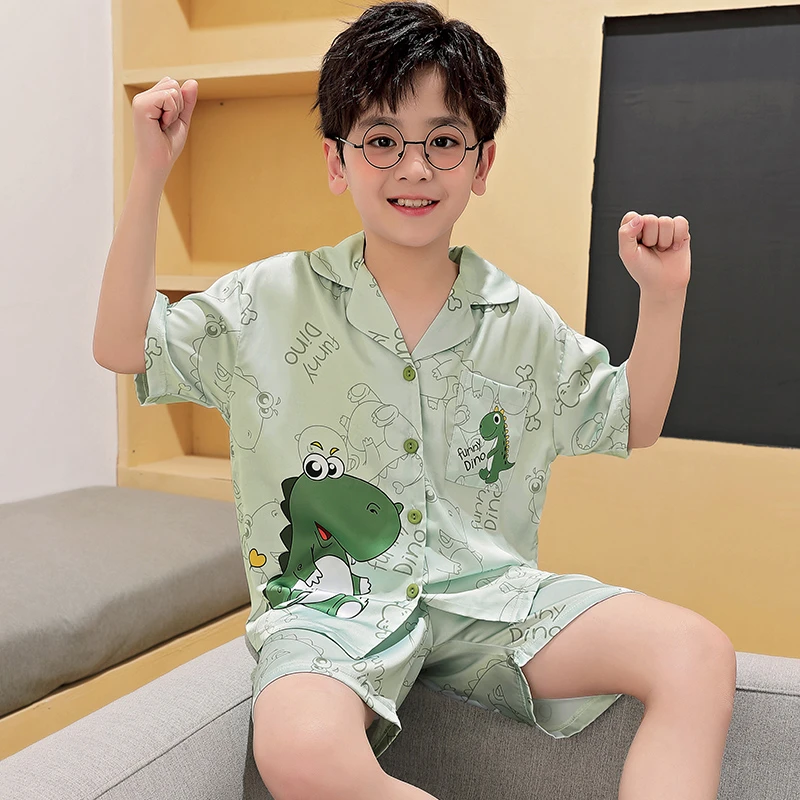 夏季冰丝儿童睡衣卡通开衫男孩中大童学生休闲韩版家居服套装1017
