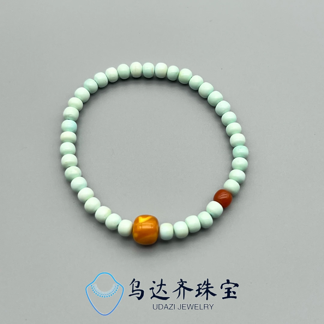 【乌达齐珠宝】 8mm单珠老型蜜蜡+5mm绿松老型手串DIY