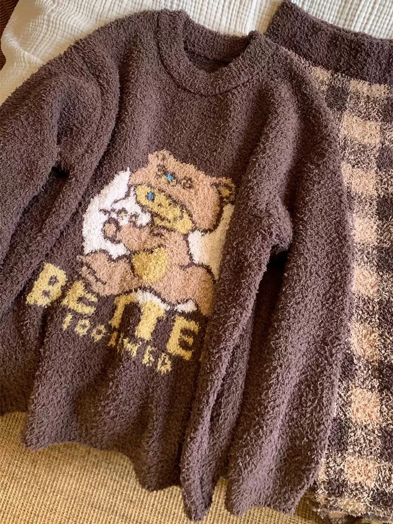 2024咖色晚安小熊秋冬加厚半边绒圆领套头韩系百搭长袖长裤套装