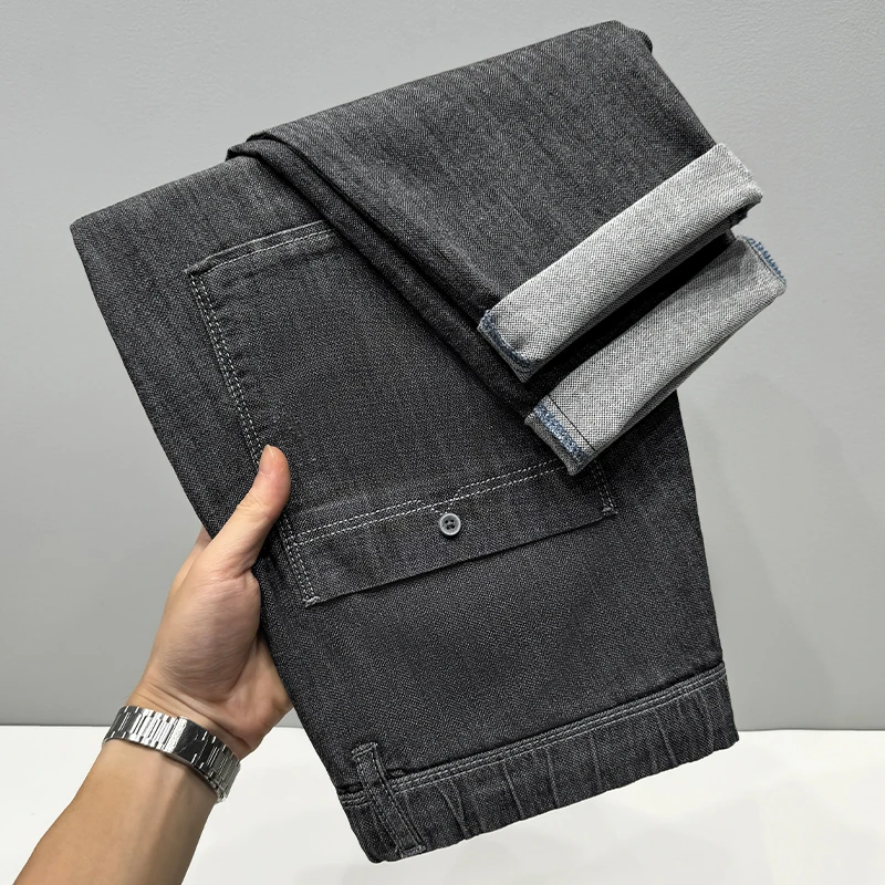 夏季薄款休闲牛仔款男弹力松紧腰斜插式口袋长裤小直筒修身长裤