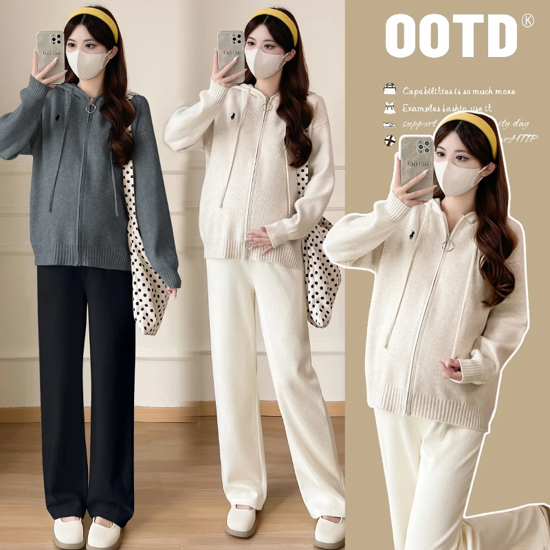 孕妇装秋冬季新款时尚百搭拉链连帽长袖毛衣休闲显瘦针织开衫潮妈