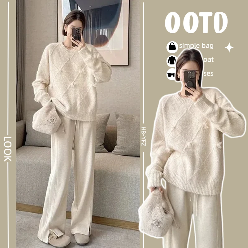 秋冬季新款孕妇装百搭棱形条纹立体花朵毛衣时尚宽松收口设计上衣