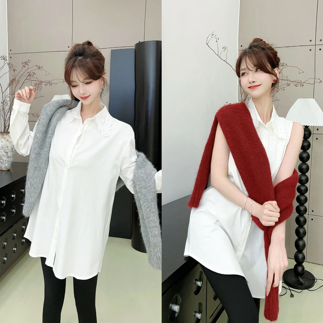 《叠穿神器》翻领蕾丝花边百搭衬衫 （衣长 76）