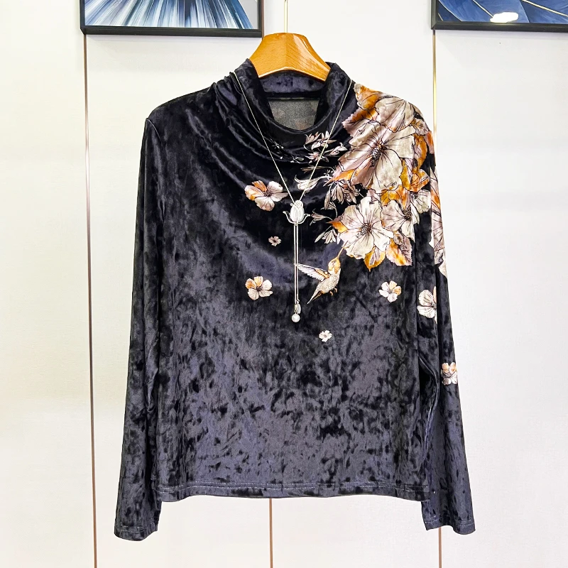 223099鸟语花香高端印花长袖秋冬打底衫堆堆领套头上衣