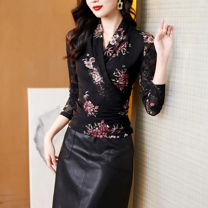 223141蕾丝印花秋冬新款气质长袖