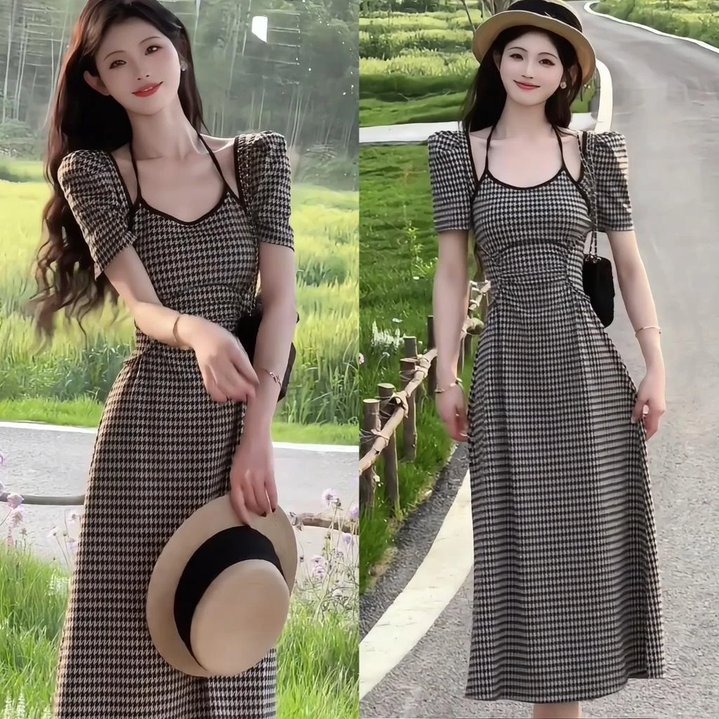夏季复古高级感显瘦时尚气质长款连衣裙修身千鸟格黑色裙子
