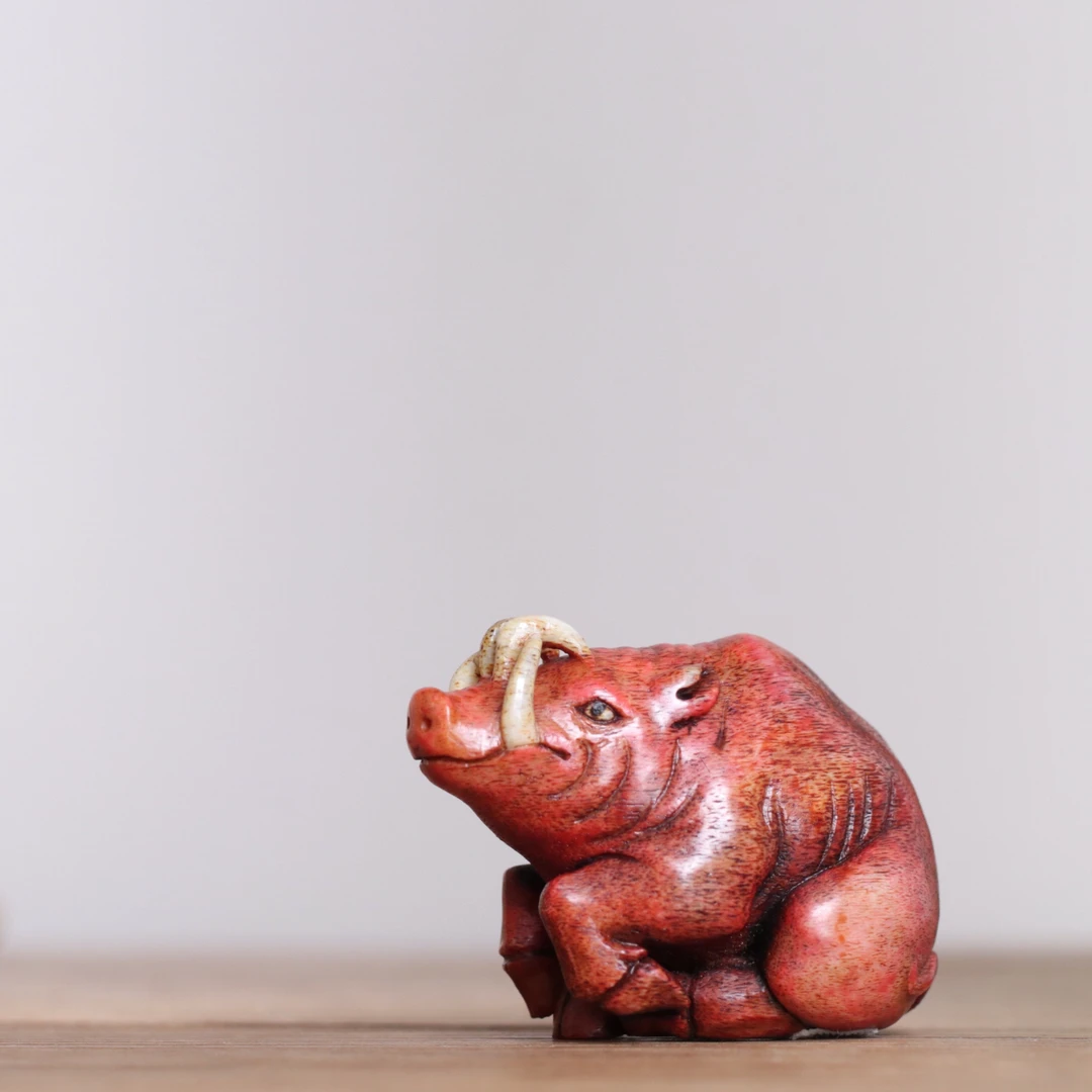 鹿豚 鹿角根付 方颜作品 纯手工 手把件 配饰挂件