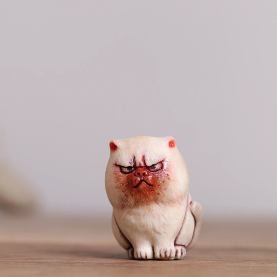 牛奶喵 偷吃腥的猫 鹿角根付 方颜雕刻 纯手工 手把件 文玩配饰