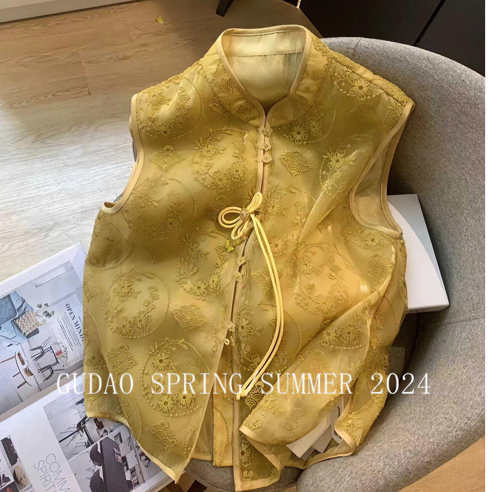 8552#新中式百搭金黄色国风立领无袖马甲女夏上衣白色女装上衣