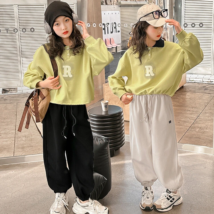 女童秋季新款印花字母短款卫衣加长裤两件套套装中大童韩版宽松潮