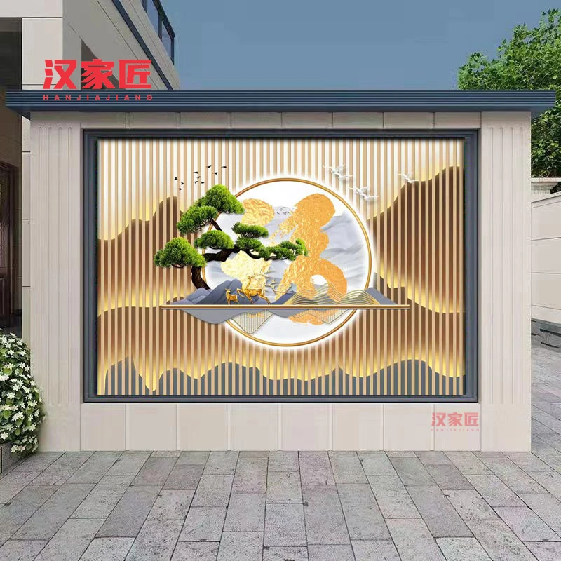 农村庭院迎门墙影背墙新中式轻奢富贵瓷砖福字壁画格栅背景墙定制