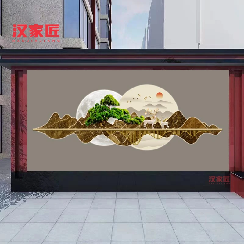 瓷砖迎门墙3d格栅别墅庭院背景墙新中式酒店茶室迎客松影壁墙定制