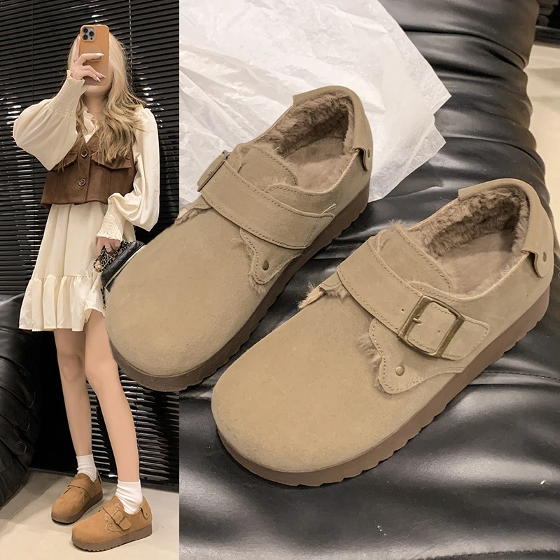 厚底加绒勃肯鞋女2024秋冬新款百搭一脚蹬保暖棉鞋