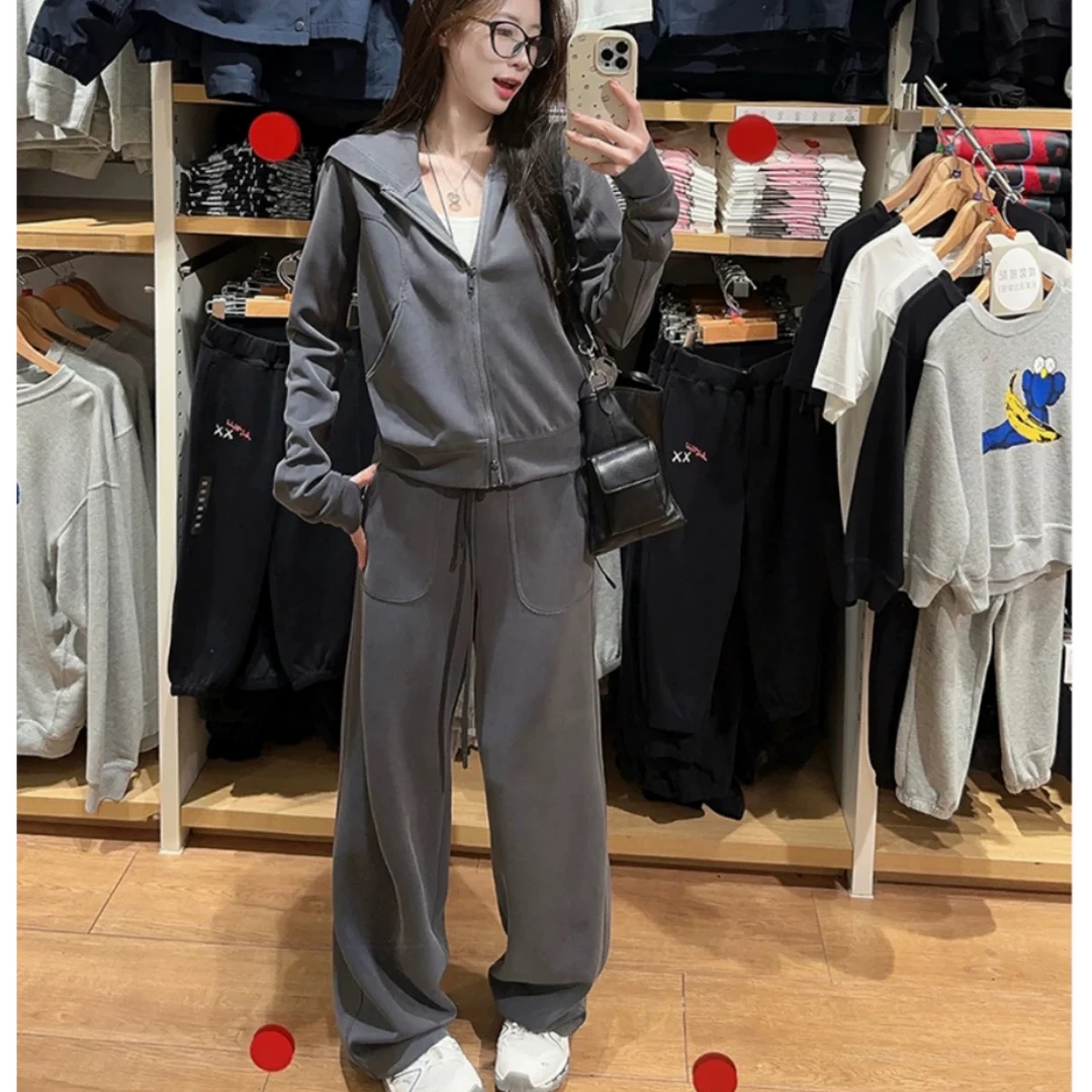 松弛感穿搭连帽长袖卫衣外套女秋季新款抽绳休闲运动卫裤时尚套装