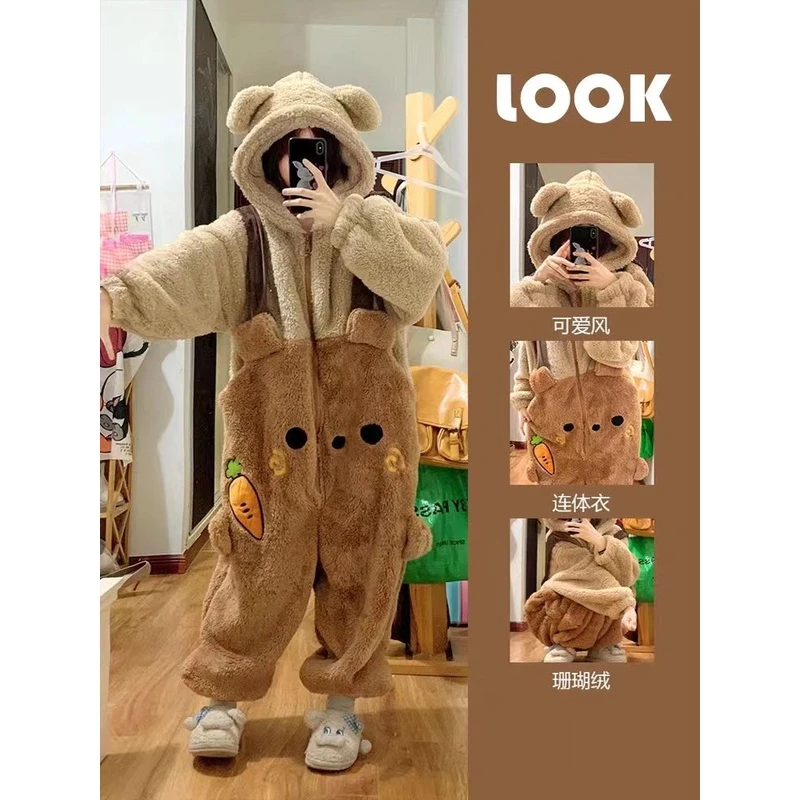 冬季睡衣女可爱卡通萝卜熊珊瑚绒连体衣少女加绒加厚睡袍家居服