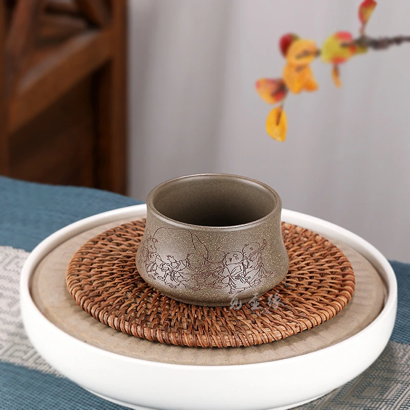 宜兴原矿紫砂蟹壳清全手工刻绘主人杯普洱杯六子祝寿寿比南山