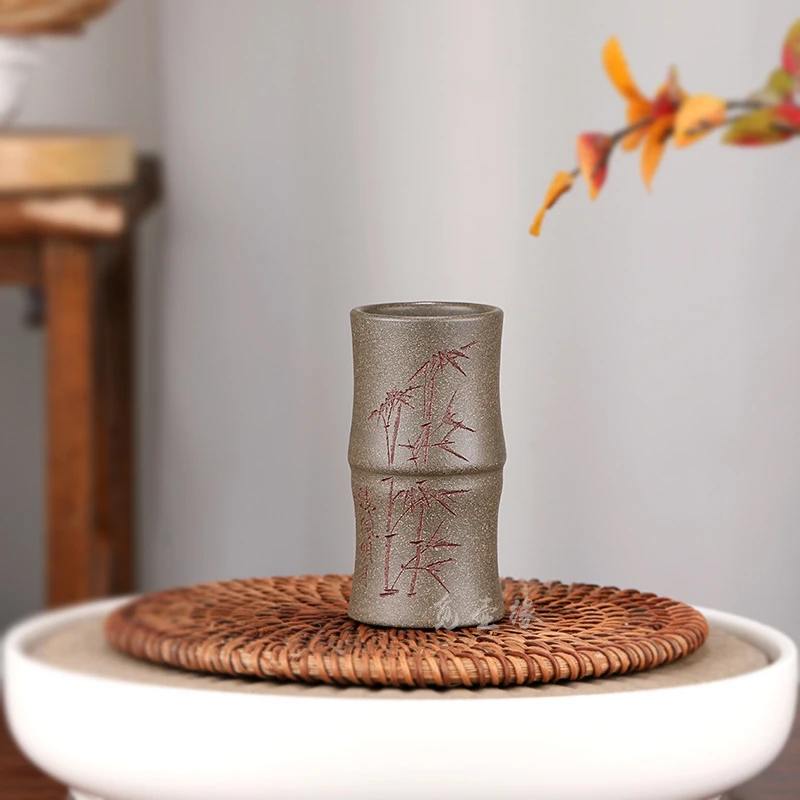 宜兴原矿高端紫砂蟹壳清全手工刻绘竹报平安闻香杯可乐杯竹节杯