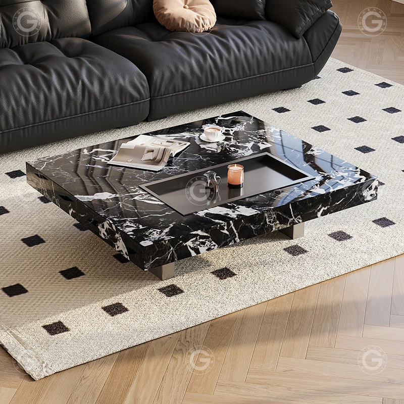 轻奢岩板下沉方茶几客厅家用威尼斯棕高端奢石小户型茶桌