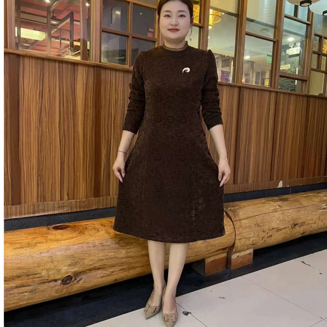2024冬季加绒加厚妈妈装中长款连衣裙长袖