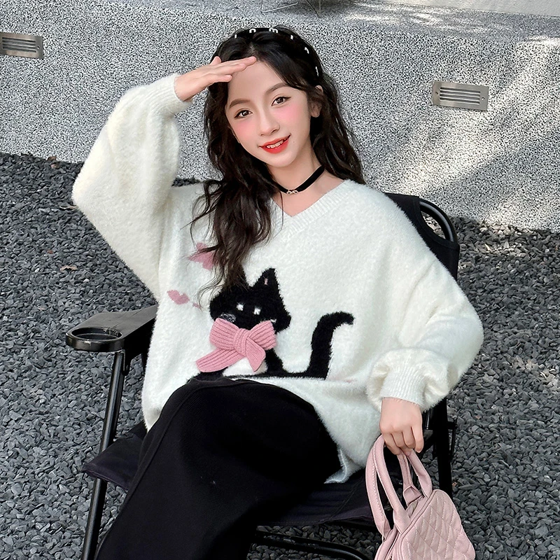 女童针织衫毛衣秋季2024新款儿童软糯猫咪提花针织宽松休闲上衣潮