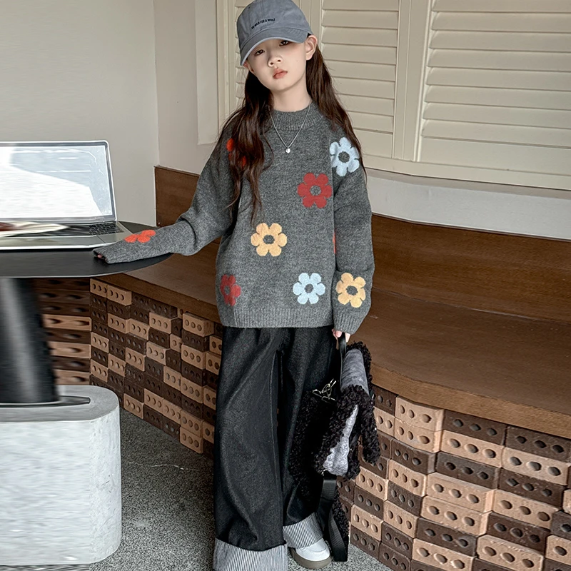 女大童韩版花朵毛衣2024秋装新款青少年时尚针织线衫少女慵懒上衣