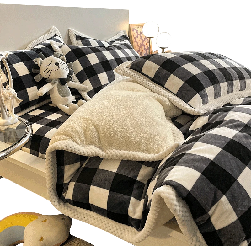 加厚牛奶绒床上四件套羊羔绒格子被套冬季珊瑚绒床品男床单三件套