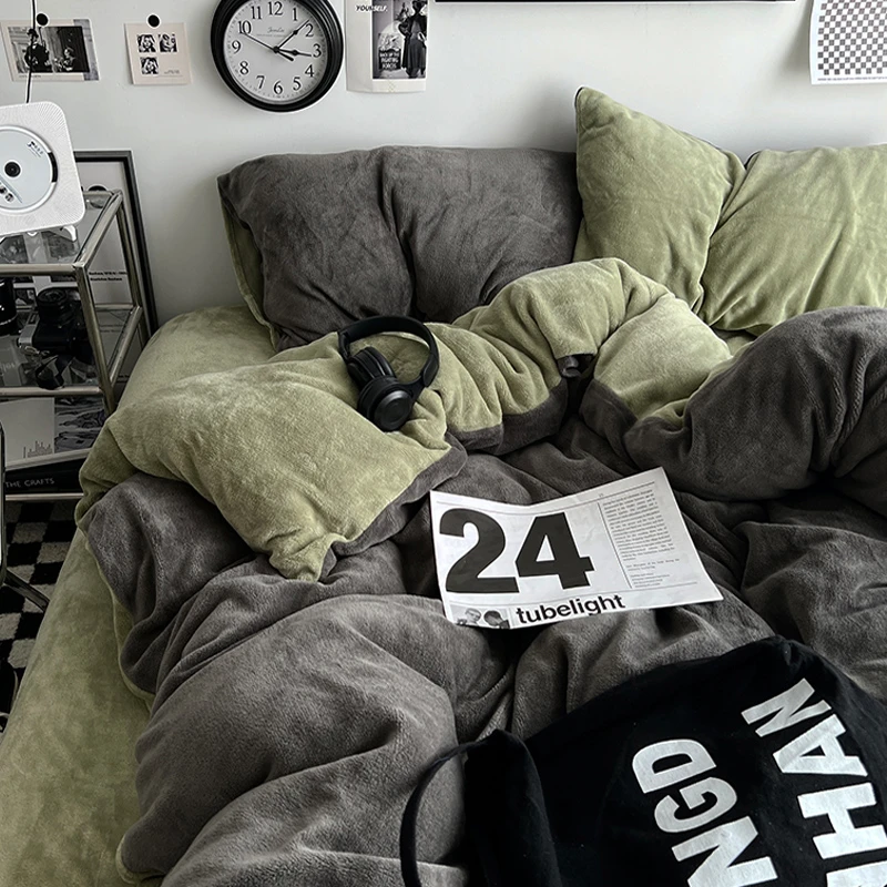 ins混搭牛奶绒四件套双面绒毛绒床上珊瑚绒被套加厚法兰莱绒床单4