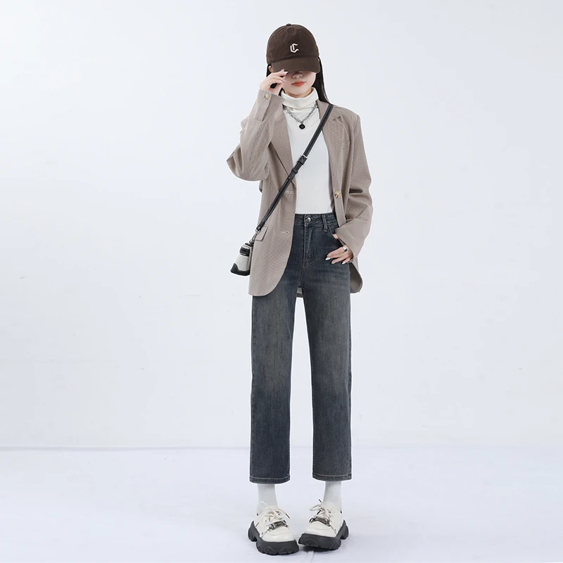 直筒牛仔裤女2024年秋冬高腰显瘦加绒黑色九分裤小个子烟管裤888#