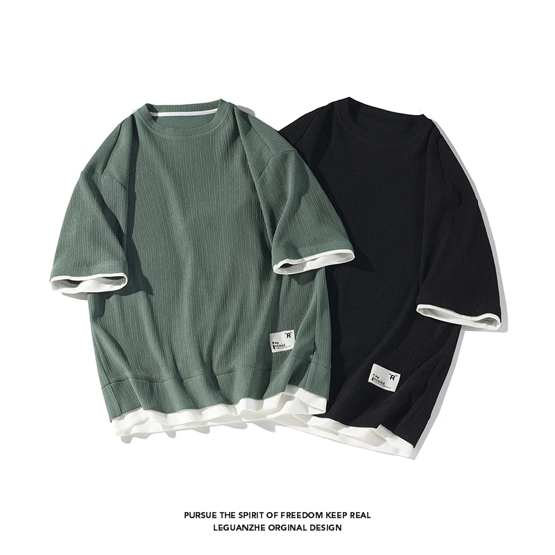 夏季冰丝短袖T恤潮牌港风五分袖假两件潮流上衣服百搭半袖男士