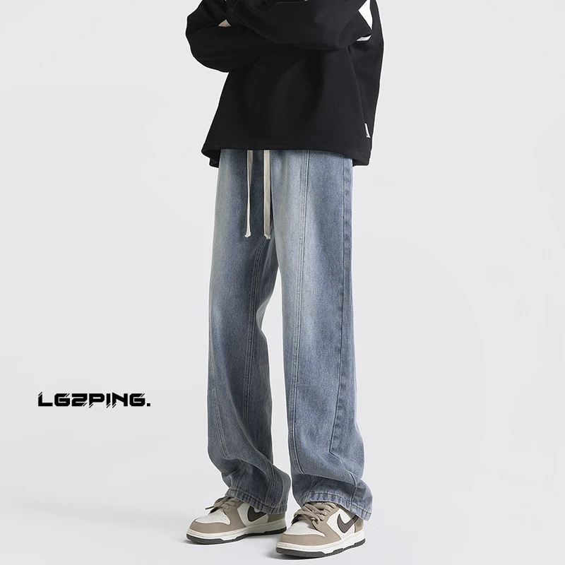 新款美式抽绳松紧牛仔裤男款oversize高街直筒裤宽松阔腿