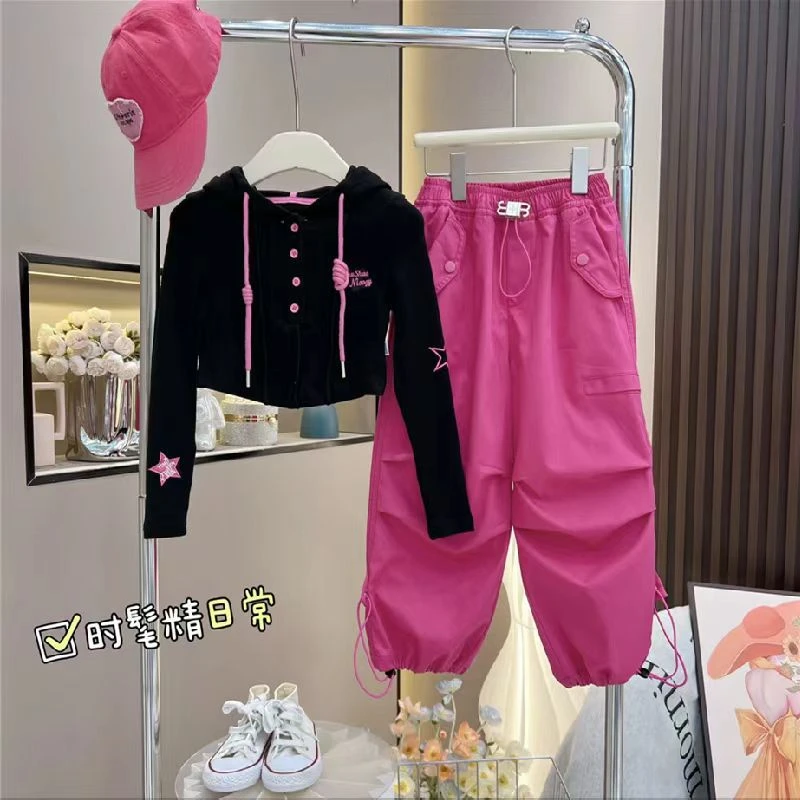 现货女童工装裤套装秋季洋气时髦儿童卫衣春秋2023新款秋装小女孩